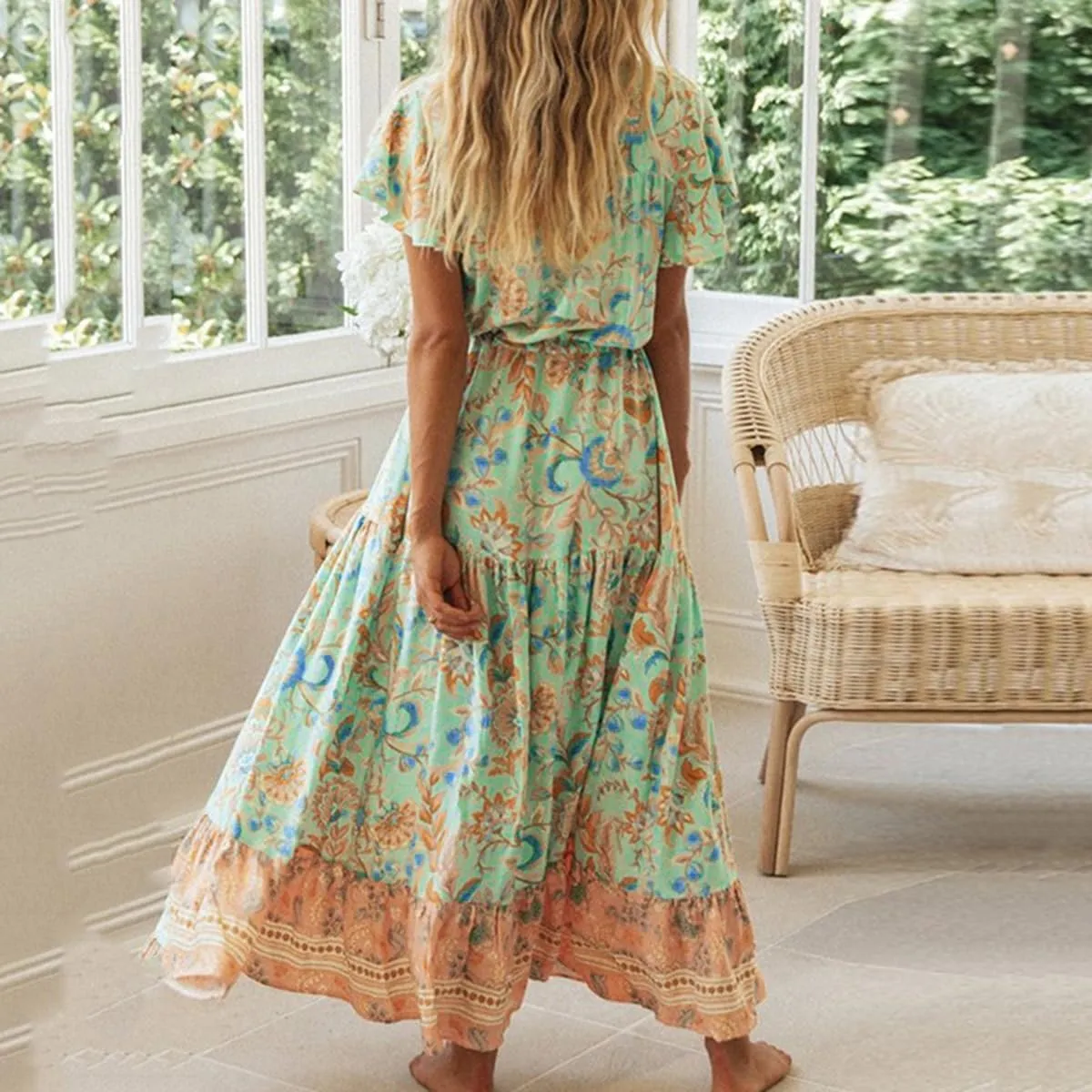 R.Vivimos Womens Summer Floral Print Cotton Short Sleeve Flowy Dress