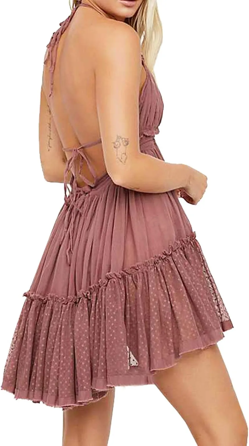 R.Vivimos Womens Summer Halter Deep V Neck Sexy Patchwork Mini Short Dresses