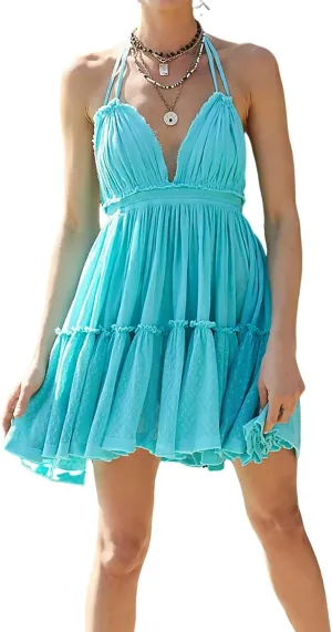 R.Vivimos Womens Summer Halter Deep V Neck Sexy Patchwork Mini Short Dresses