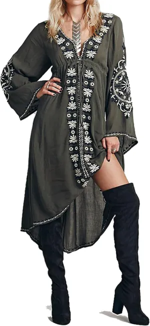 R.Vivimos Womens V Neck Bell Sleeve Vintage Floral Embroidered High Low Long Dresses