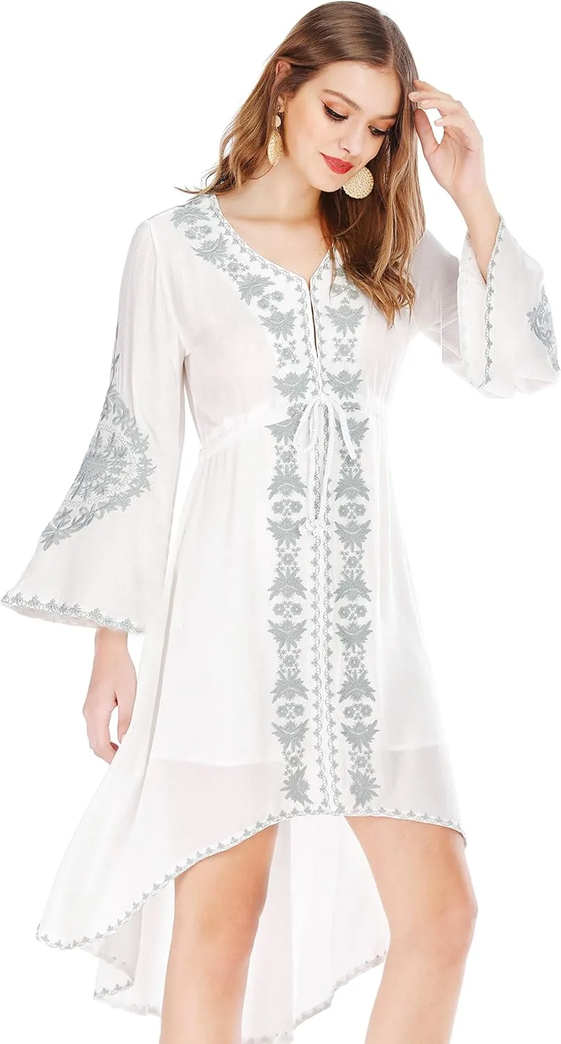 R.Vivimos Womens V Neck Bell Sleeve Vintage Floral Embroidered High Low Long Dresses