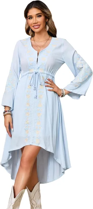 R.Vivimos Womens V Neck Bell Sleeve Vintage Floral Embroidered High Low Long Dresses