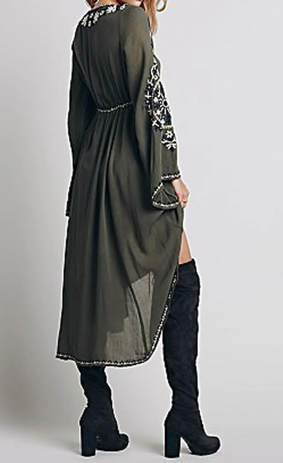 R.Vivimos Womens V Neck Bell Sleeve Vintage Floral Embroidered High Low Long Dresses