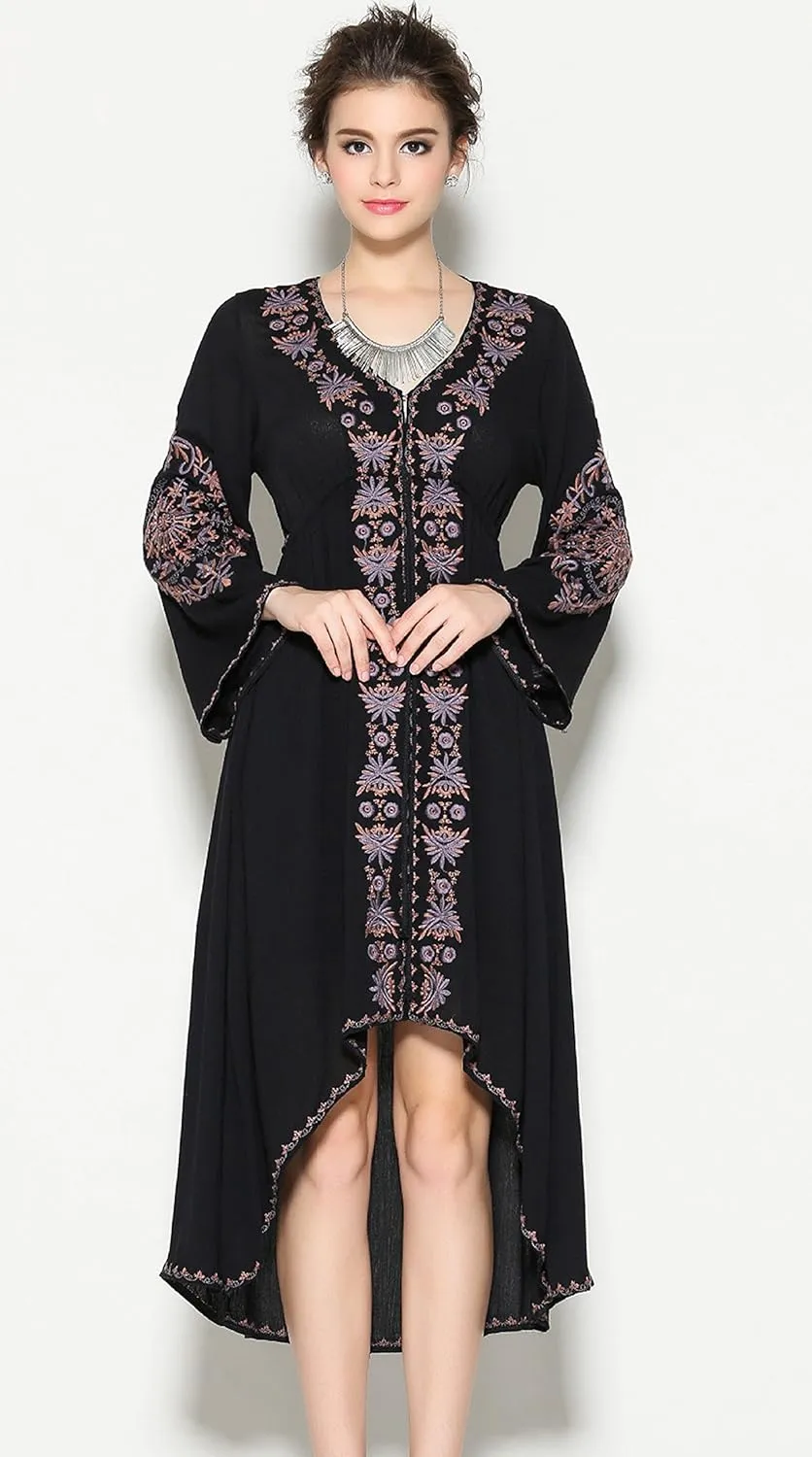 R.Vivimos Womens V Neck Bell Sleeve Vintage Floral Embroidered High Low Long Dresses