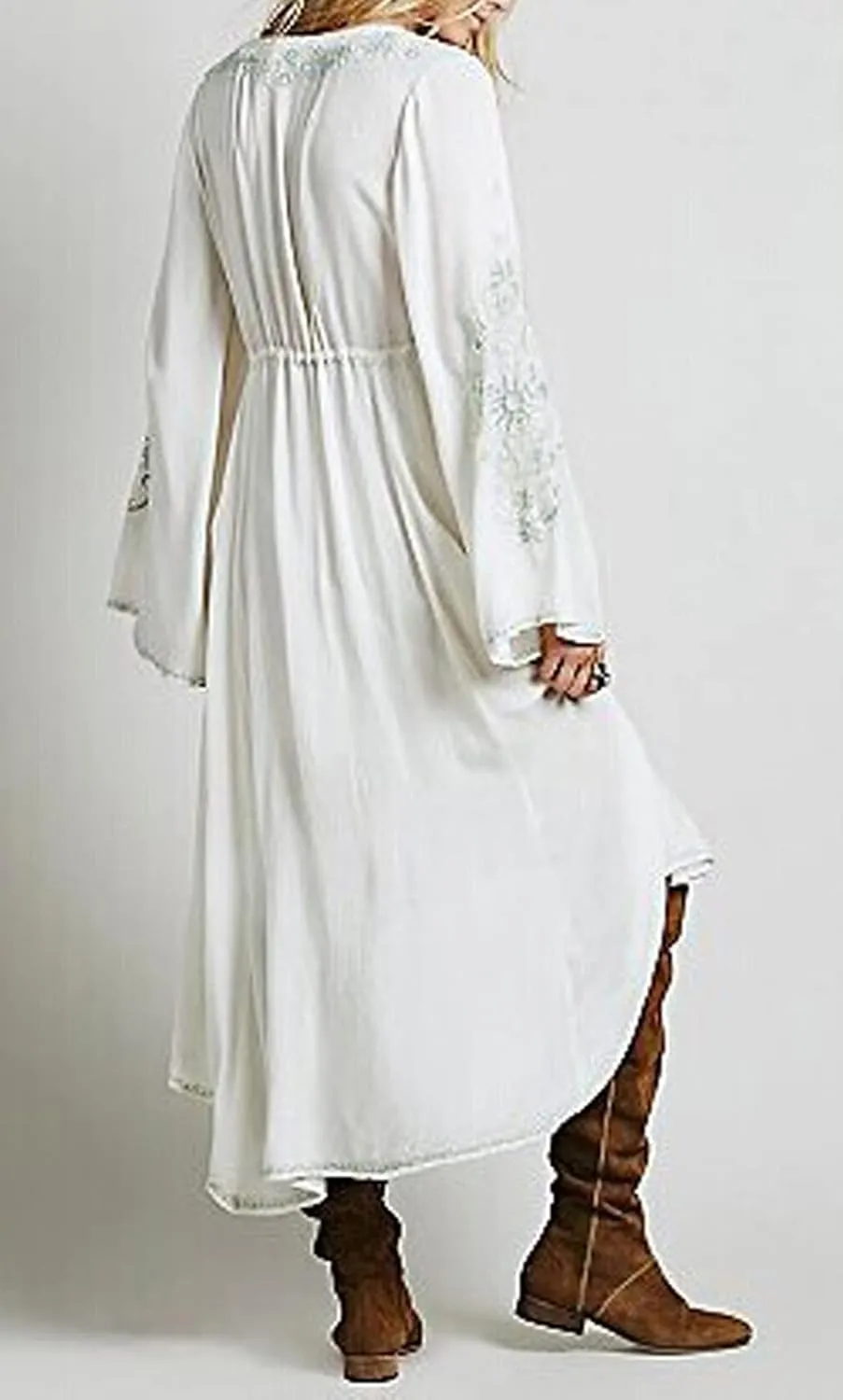 R.Vivimos Womens V Neck Bell Sleeve Vintage Floral Embroidered High Low Long Dresses