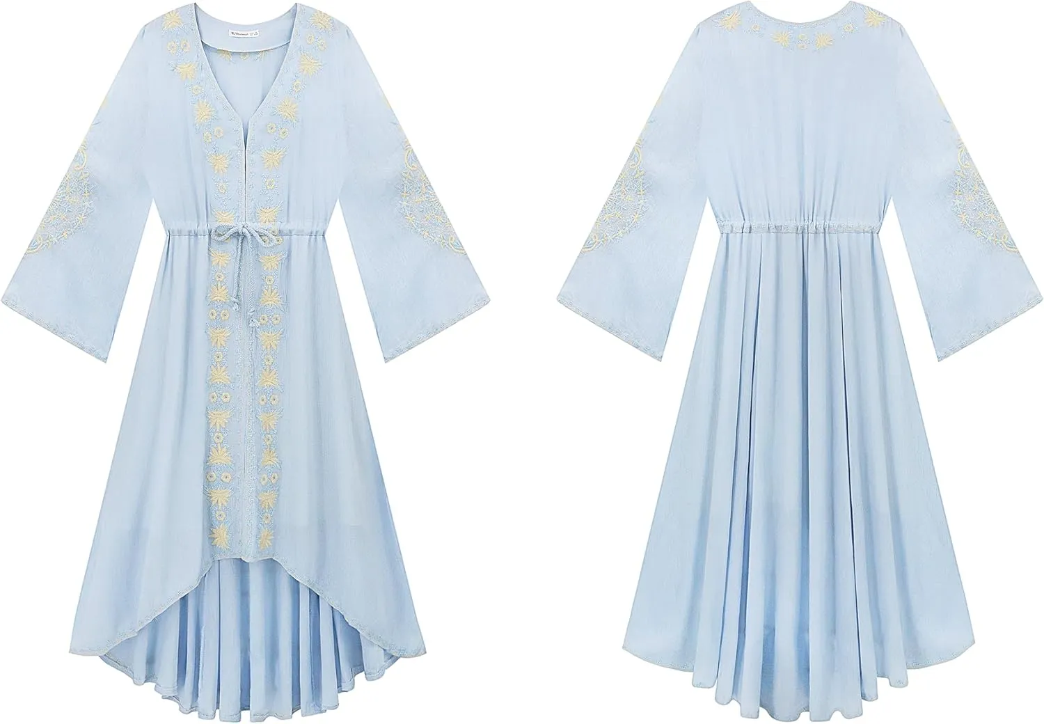 R.Vivimos Womens V Neck Bell Sleeve Vintage Floral Embroidered High Low Long Dresses