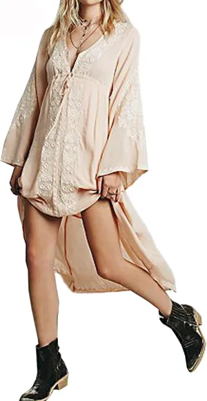 R.Vivimos Womens V Neck Bell Sleeve Vintage Floral Embroidered High Low Long Dresses