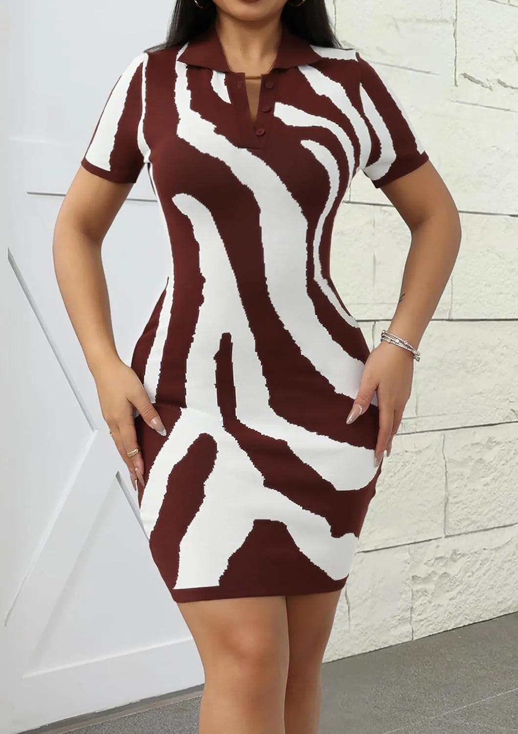 Ryehack Women’s 2024 Summer Casual Knit Mini Dress Sexy Zebra Striped Print Short Sleeve V Neck Y2k Bodycon T Shirt Dress