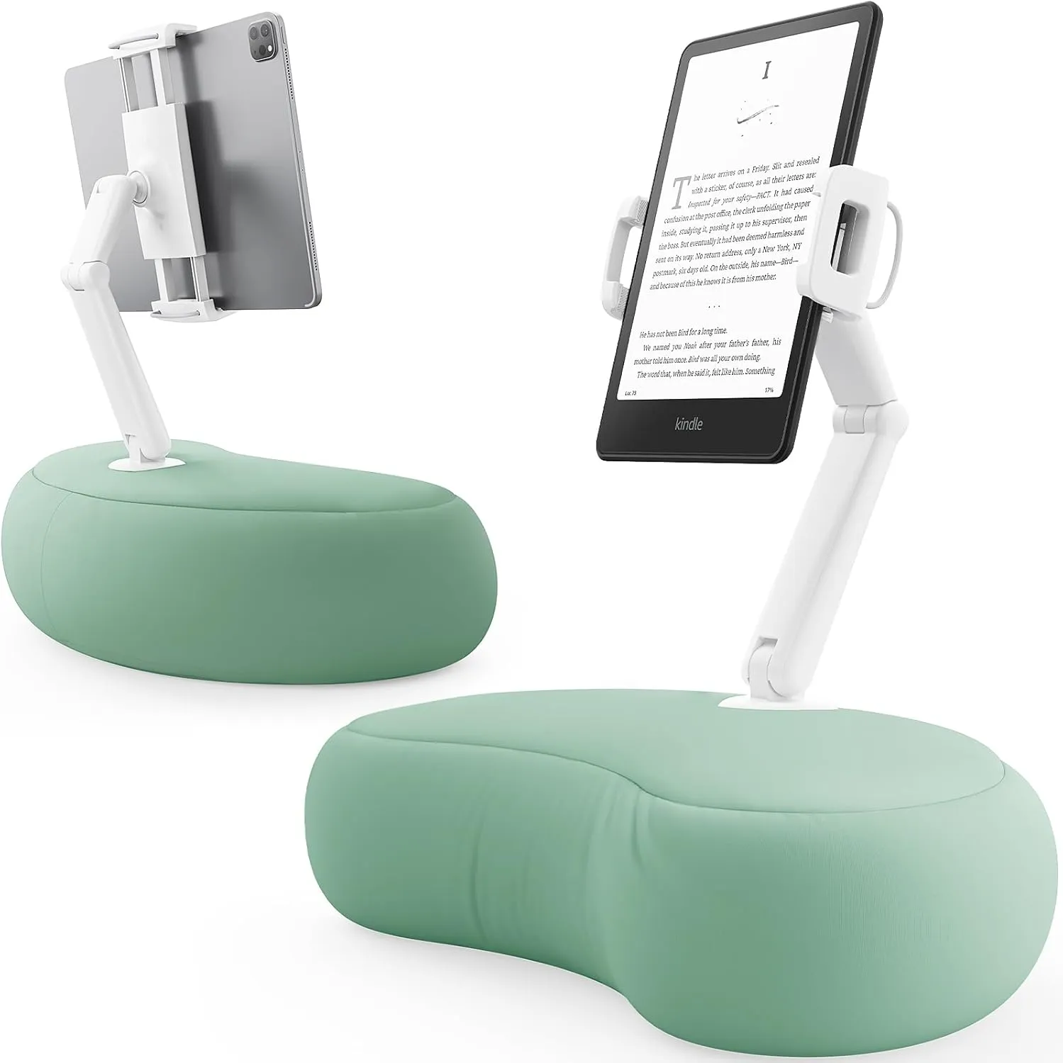 SAIJI Tablet Pillow Stand, Kindle Stand Compatible with 4.7”-15.6” Kindle, Phone, iPad, 360° Adjustable iPad Holder for Bed with Flexible Dual Axis Arm and Microbead Cushion (Cyan)