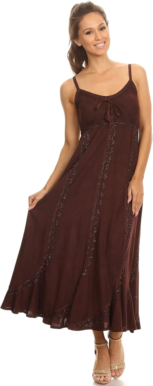 Sakkas Allie Stonewashed Embroidered Adjustable Spaghetti Straps Long Dress