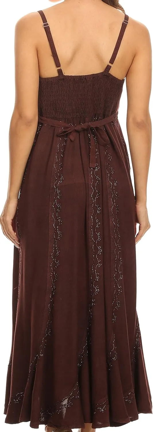 Sakkas Allie Stonewashed Embroidered Adjustable Spaghetti Straps Long Dress