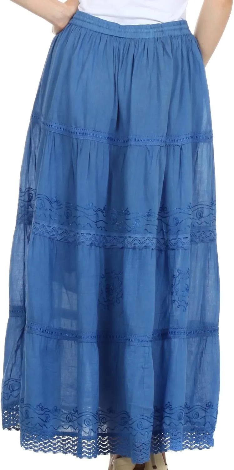 Sakkas Solid Embroidered Crochet Lace Trim Gypsy Bohemian Mid Length Cotton Skirt