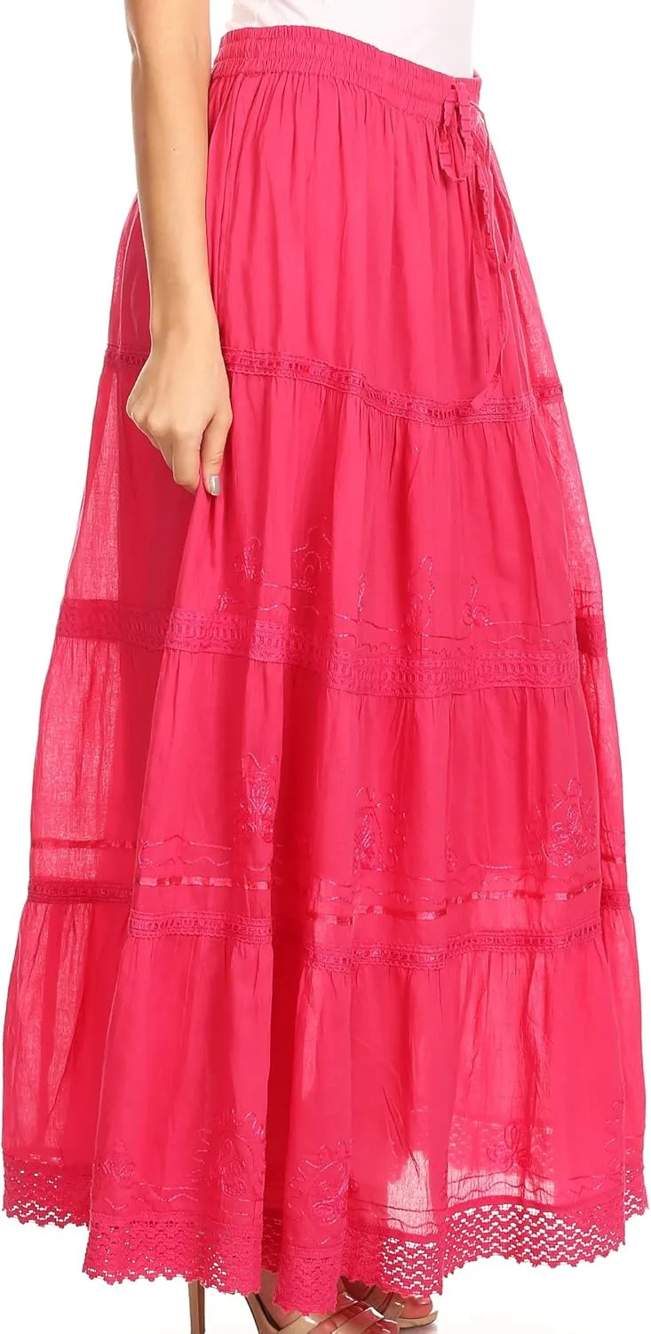 Sakkas Solid Embroidered Crochet Lace Trim Gypsy Bohemian Mid Length Cotton Skirt