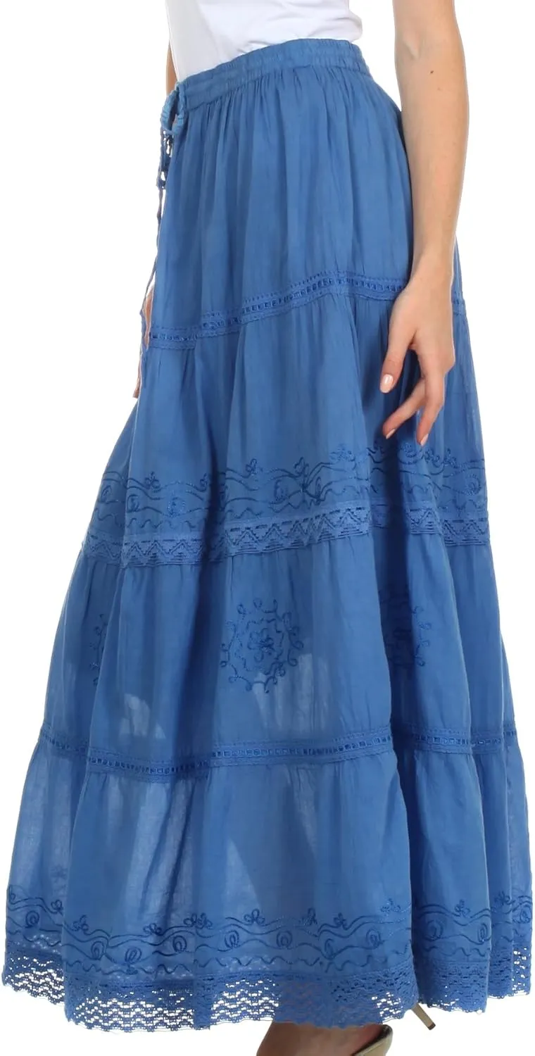 Sakkas Solid Embroidered Crochet Lace Trim Gypsy Bohemian Mid Length Cotton Skirt