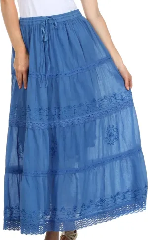 Sakkas Solid Embroidered Crochet Lace Trim Gypsy Bohemian Mid Length Cotton Skirt