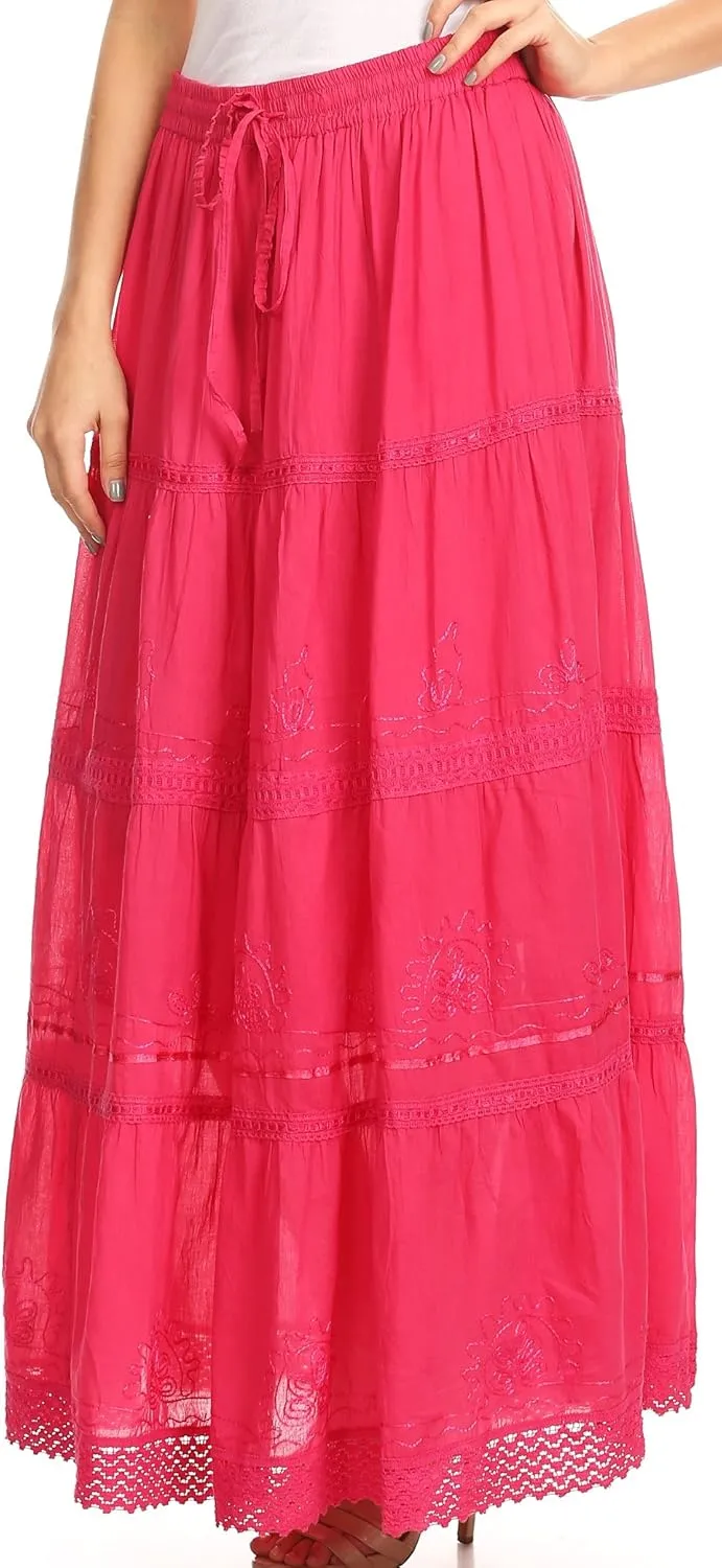 Sakkas Solid Embroidered Crochet Lace Trim Gypsy Bohemian Mid Length Cotton Skirt