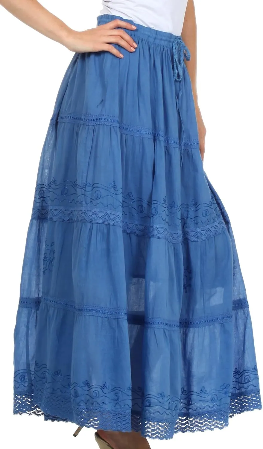 Sakkas Solid Embroidered Crochet Lace Trim Gypsy Bohemian Mid Length Cotton Skirt
