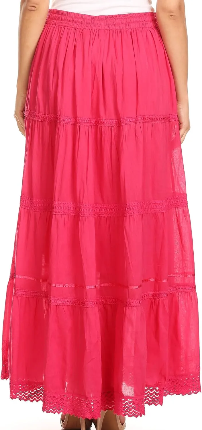 Sakkas Solid Embroidered Crochet Lace Trim Gypsy Bohemian Mid Length Cotton Skirt
