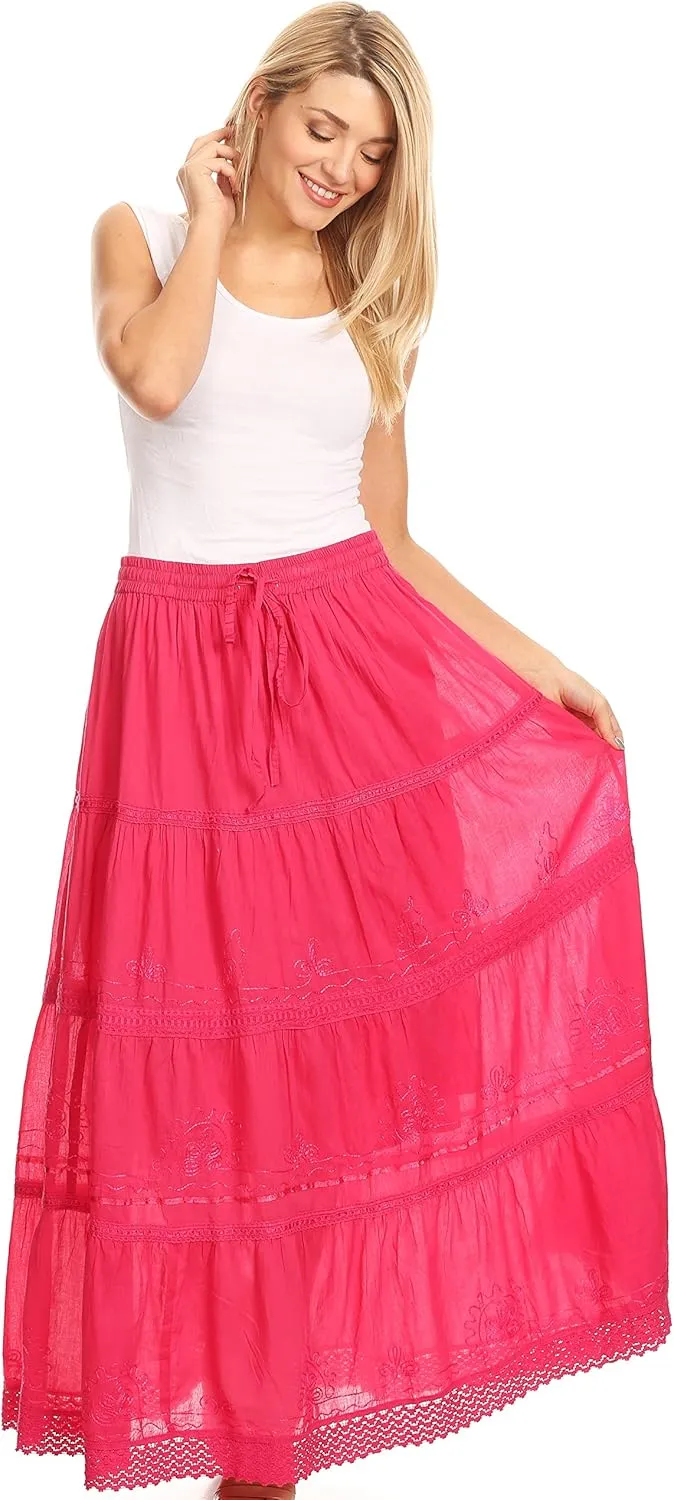 Sakkas Solid Embroidered Crochet Lace Trim Gypsy Bohemian Mid Length Cotton Skirt