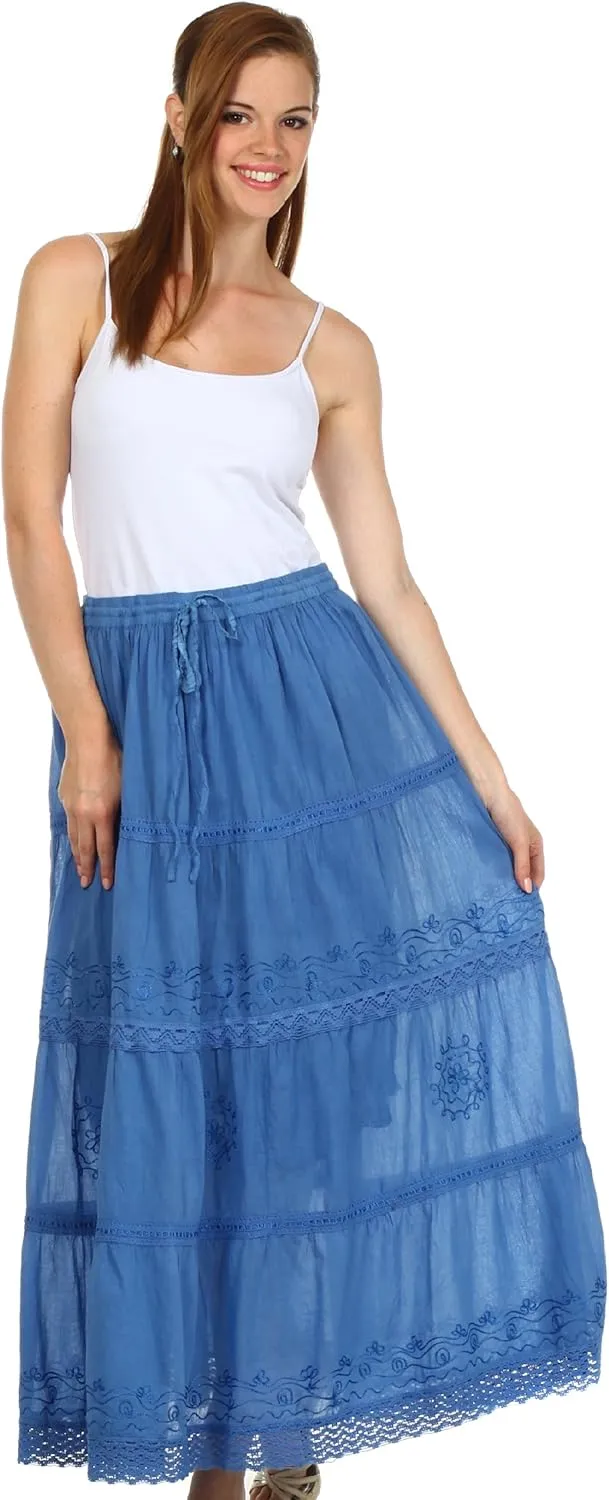 Sakkas Solid Embroidered Crochet Lace Trim Gypsy Bohemian Mid Length Cotton Skirt