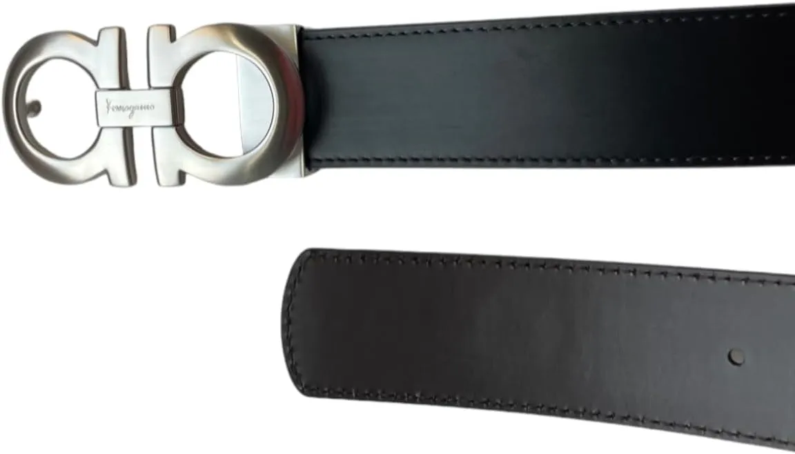 Salvatore Ferragamo Men's Black Brown Leather Reversible Silver Matte Gancini Buckle Belt