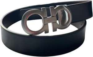 Salvatore Ferragamo Men's Black Brown Leather Reversible Silver Matte Gancini Buckle Belt