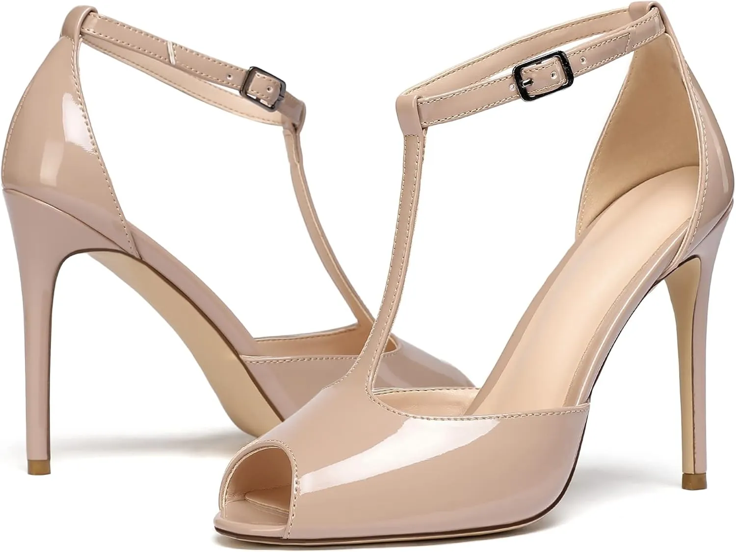 SAMMITOP Women's Peep Toe T-Strap Sandals Ankle Strap Buckle Closure High Heel Dress Shoes