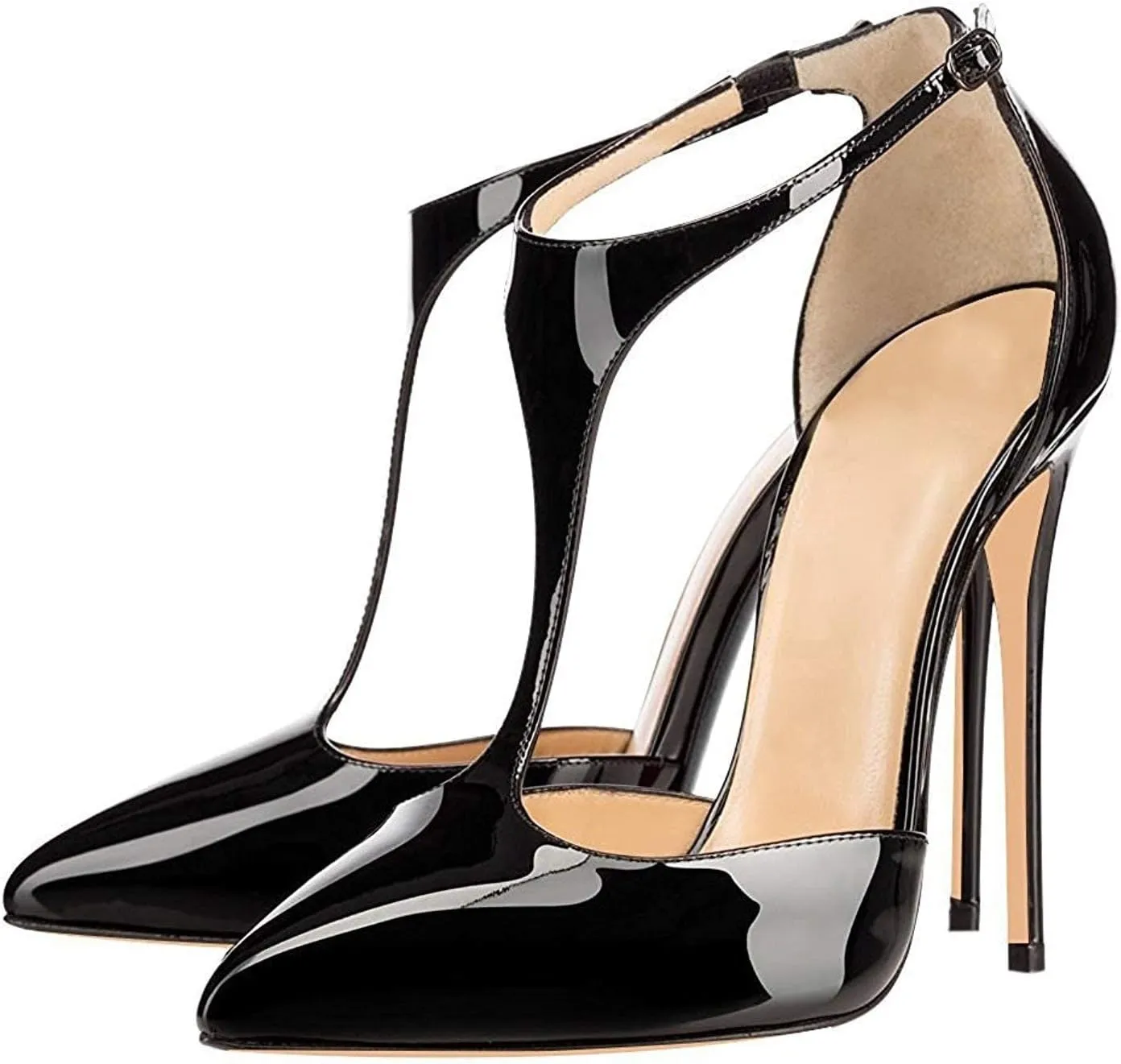 SAMMITOP Women's Pointed Toe High Heel Pumps T-Strap Dress Shoes 12cm Stilettos Heels