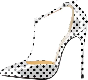 SAMMITOP Women's Pointed Toe High Heel Pumps T-Strap Dress Shoes 12cm Stilettos Heels