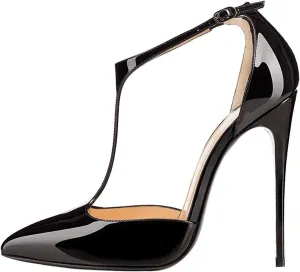 SAMMITOP Women's Pointed Toe High Heel Pumps T-Strap Dress Shoes 12cm Stilettos Heels