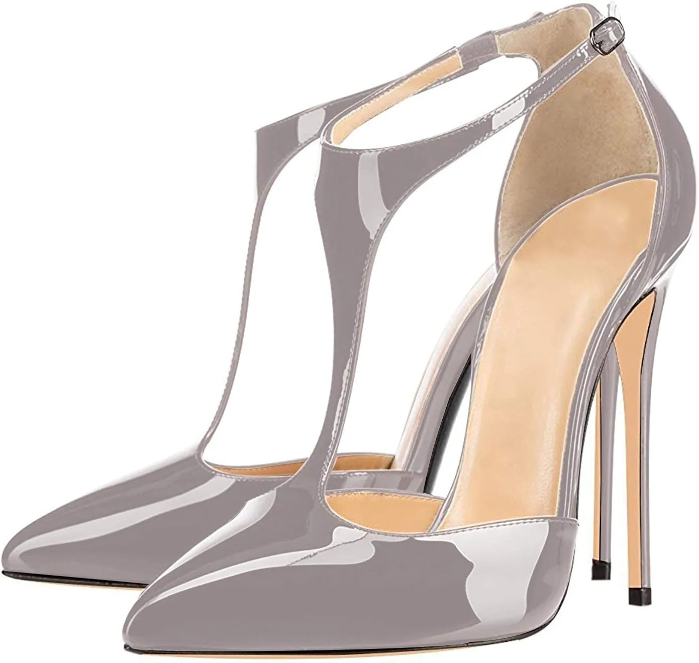 SAMMITOP Women's Pointed Toe High Heel Pumps T-Strap Dress Shoes 12cm Stilettos Heels