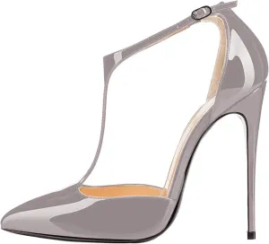 SAMMITOP Women's Pointed Toe High Heel Pumps T-Strap Dress Shoes 12cm Stilettos Heels