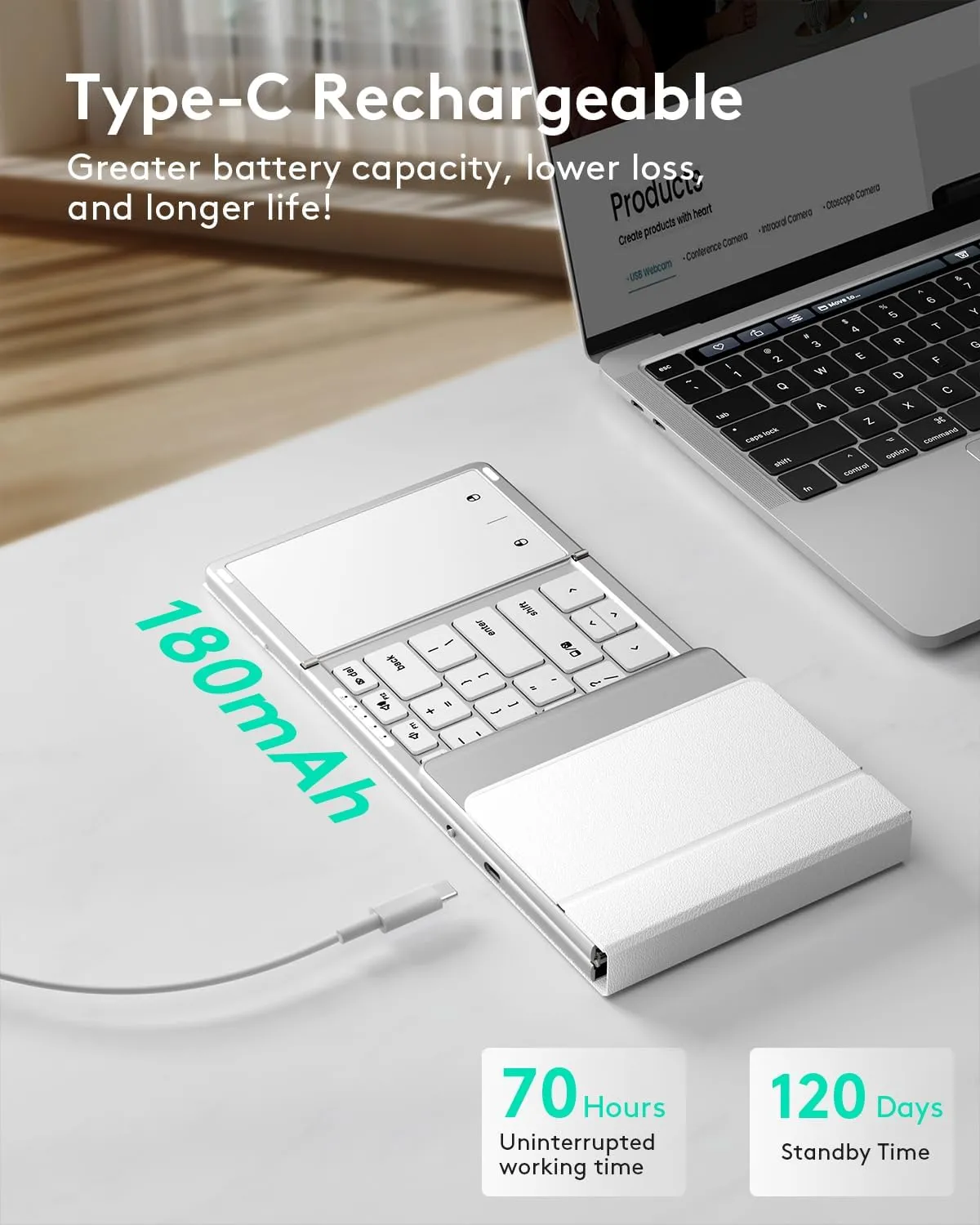 Samsers Foldable Bluetooth Keyboard with Touchpad, Full-Size Wireless Folding Keyboard with PU Leather, Portable Travel for iOS Android Windows Mac OS, Support 3 Devices (BT5.1 x 3), Silver