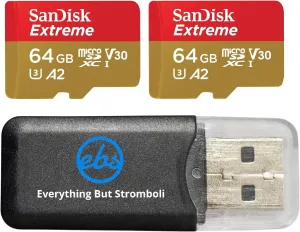 SanDisk 64GB Micro SDXC Extreme Memory Card (Two Pack) SDSQXAH-064G-GN6MN Works with GoPro Hero 7 Black, Silver, Hero7 White UHS-1 U3 A2 Bundle with (1) Everything But Stromboli Micro Card Reader