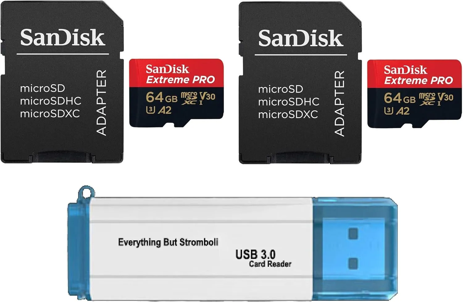 SanDisk 64GB Micro SDXC Extreme Pro Memory Card (Two Pack) Works with GoPro Hero 7 Black, Silver, Hero7 White UHS-1 U3 A2 Bundle with (1) Everything But Stromboli 3.0 Micro/SD Card Reader