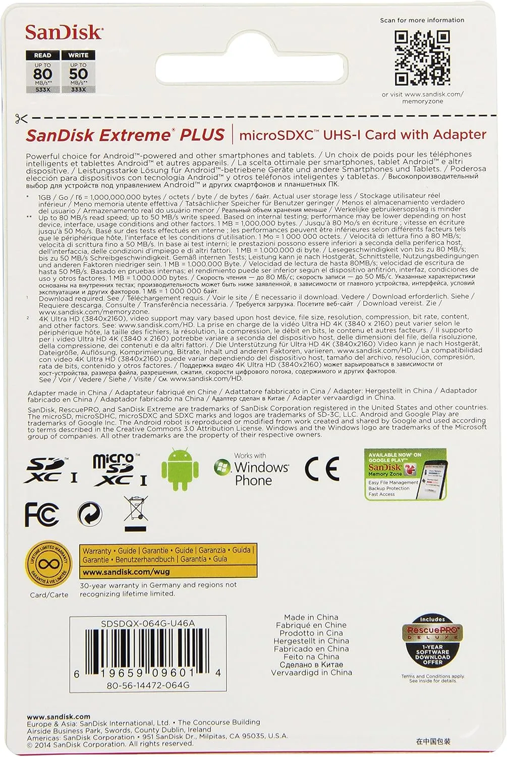 SanDisk Extreme Plus 64GB UHS-I/ U3 Micro SDXC Memory Card Up To 80MB/s With Adapter- SDSDQX-064G-U46A (Older Version)