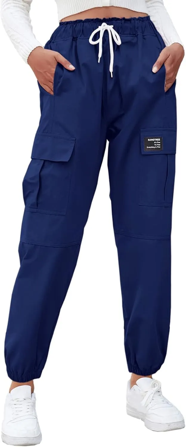SANGTREE Girls & Womens Drawstring Cargo Jogger Pants,3 Years - Women 3XL