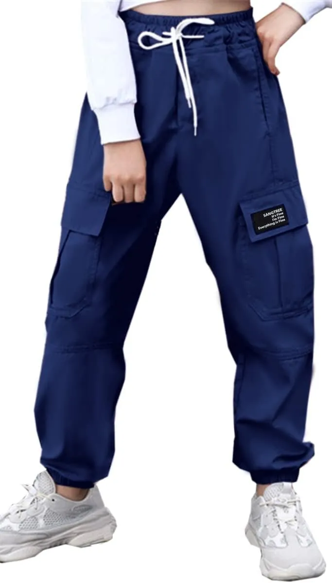SANGTREE Girls & Womens Drawstring Cargo Jogger Pants,3 Years - Women 3XL