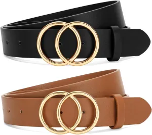 SANSTHS 2 Pack Women Leather Belts Faux Leather Jeans Belt with Double O Ring Buckle