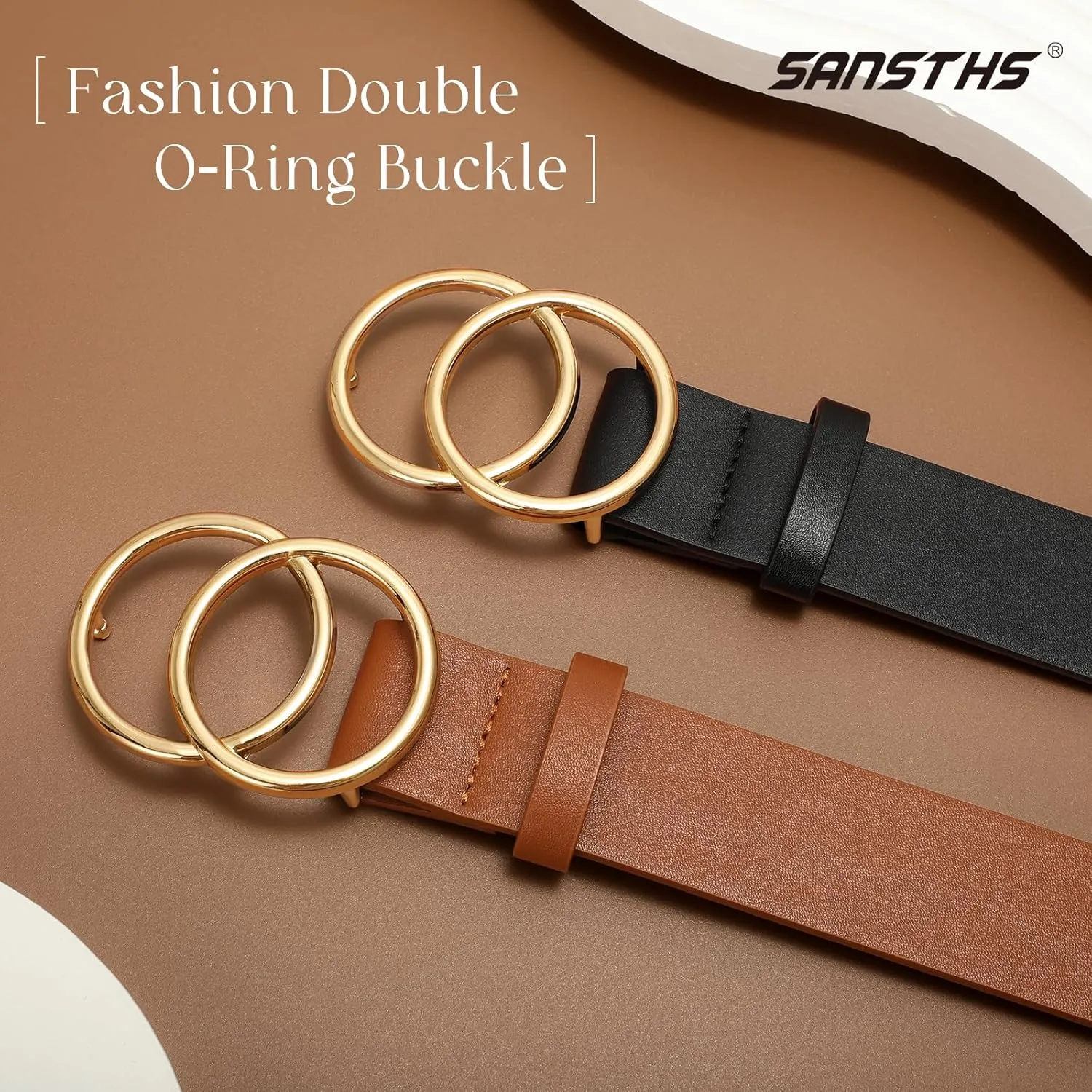 SANSTHS 2 Pack Women Leather Belts Faux Leather Jeans Belt with Double O Ring Buckle