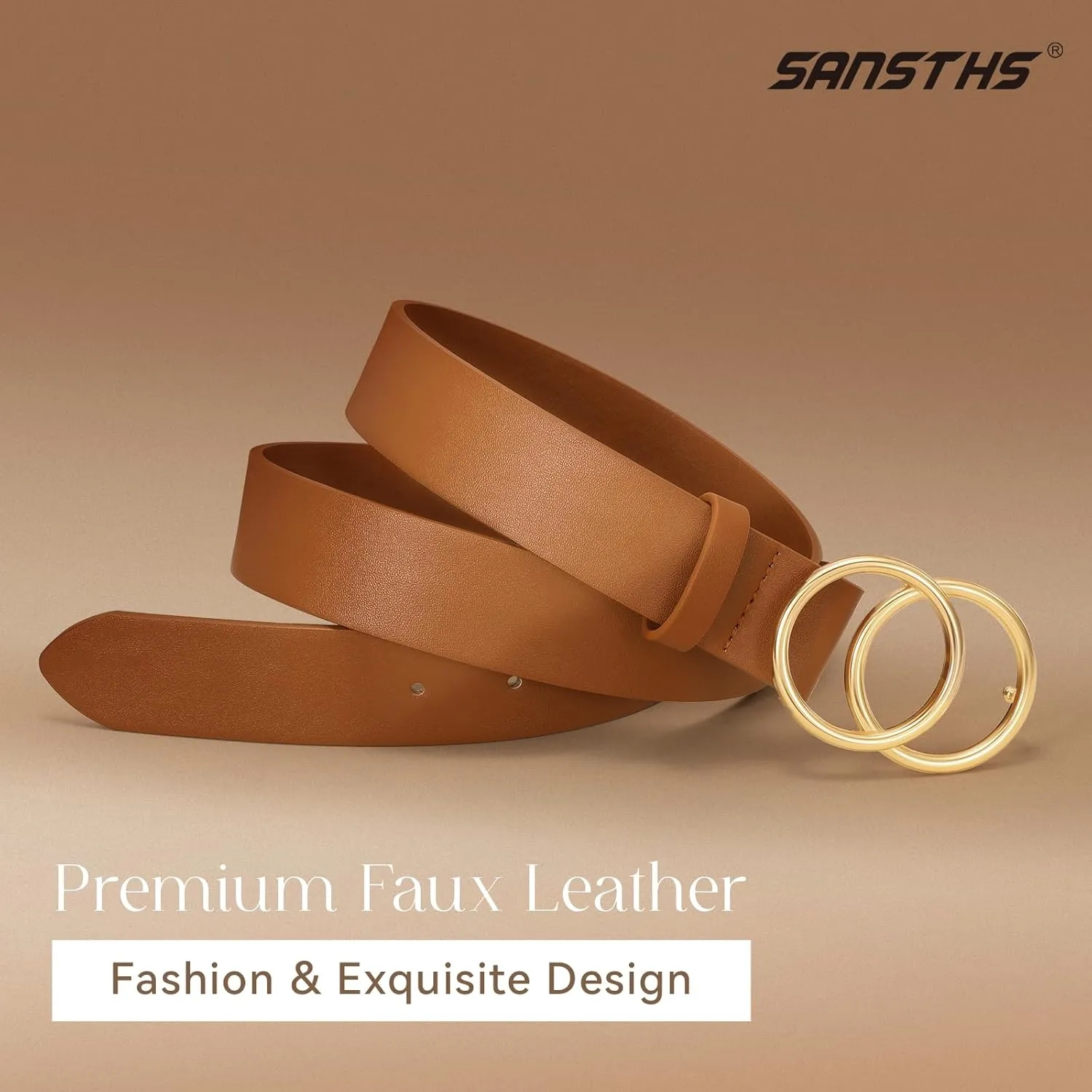 SANSTHS 2 Pack Women Leather Belts Faux Leather Jeans Belt with Double O Ring Buckle
