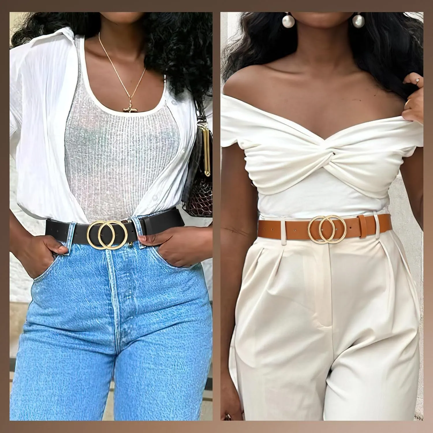 SANSTHS 2 Pack Women Leather Belts Faux Leather Jeans Belt with Double O Ring Buckle