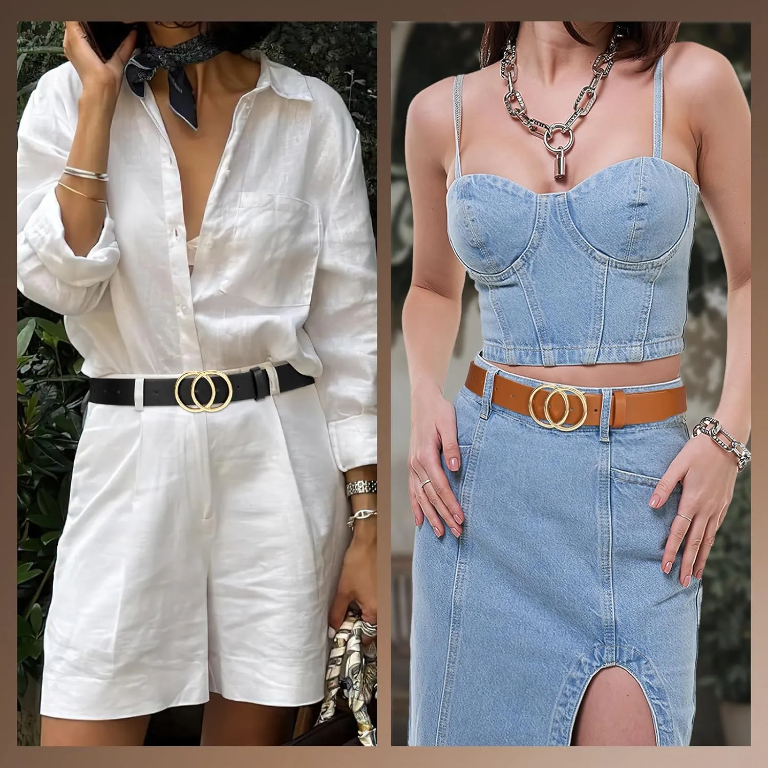 SANSTHS 2 Pack Women Leather Belts Faux Leather Jeans Belt with Double O Ring Buckle