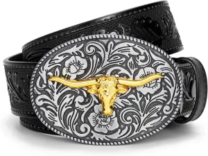 SANSTHS Western Belt Cowboy Belts for Men Women, Western Leather Belts Bull Buckle Belt Embossed Leather Belt for Jeans