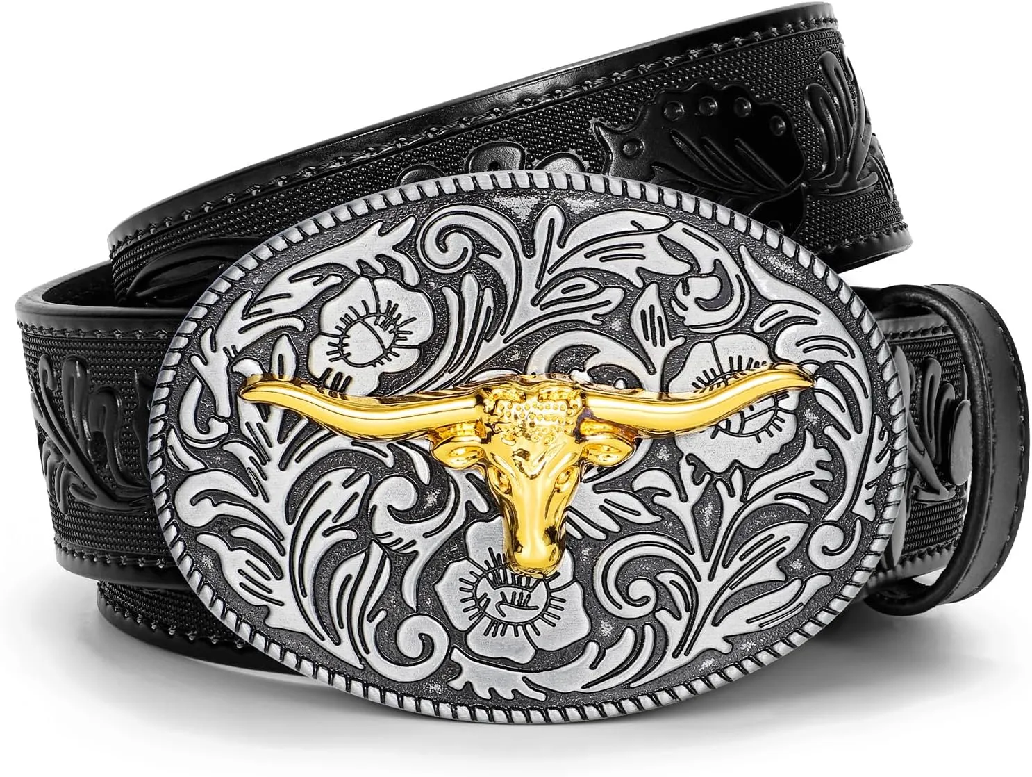 SANSTHS Western Belt Cowboy Belts for Men Women, Western Leather Belts Bull Buckle Belt Embossed Leather Belt for Jeans