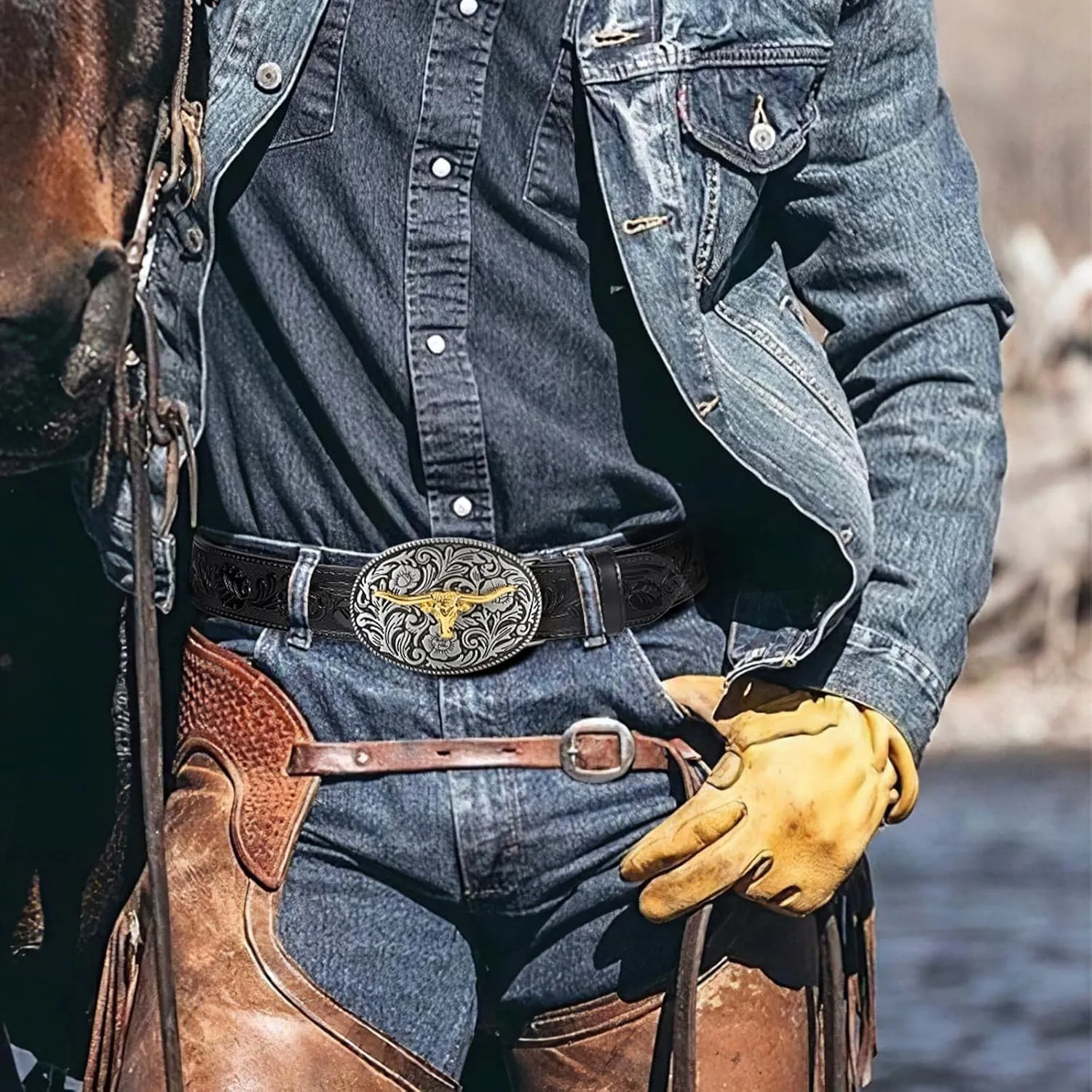 SANSTHS Western Belt Cowboy Belts for Men Women, Western Leather Belts Bull Buckle Belt Embossed Leather Belt for Jeans