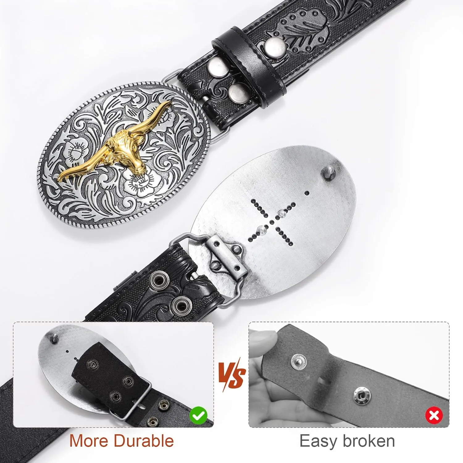 SANSTHS Western Belt Cowboy Belts for Men Women, Western Leather Belts Bull Buckle Belt Embossed Leather Belt for Jeans