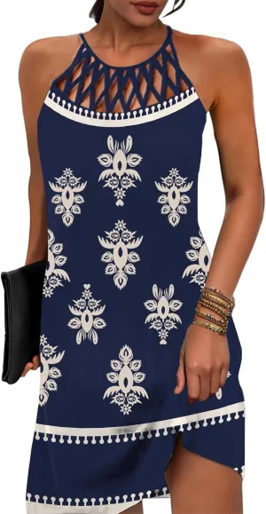 SAUKOLE Womens Summer Halter Neck Hollow Out Sleeveless Dress Floral Print Beach Boho Short Mini Sundresses