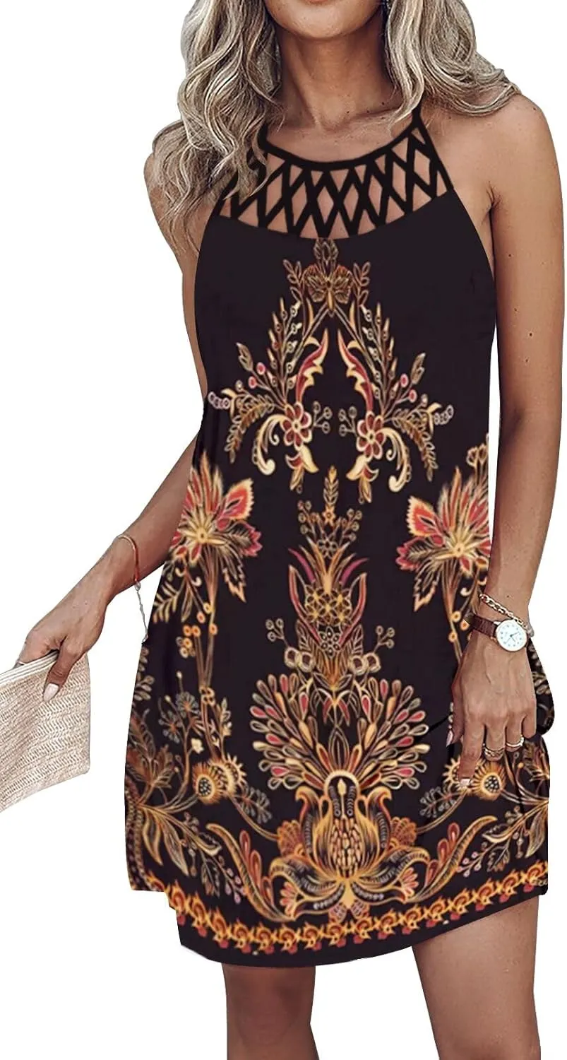 SAUKOLE Womens Summer Halter Neck Hollow Out Sleeveless Dress Floral Print Beach Boho Short Mini Sundresses