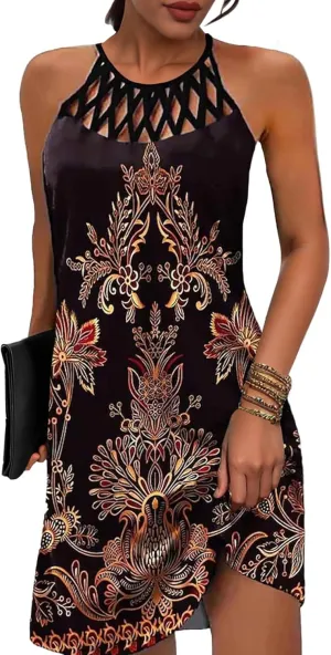 SAUKOLE Womens Summer Halter Neck Hollow Out Sleeveless Dress Floral Print Beach Boho Short Mini Sundresses